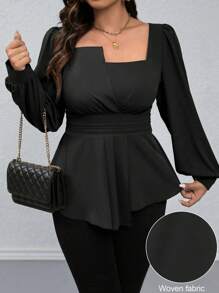 Rometta Blus Kasual Ukuran Besar dengan Bahu Asimetris, Lengan Raglan, Ikat Pinggang, dan Hem Bentuk Lentera untuk Wanita, Pakaian Musim Gugur - Hitam - View 3