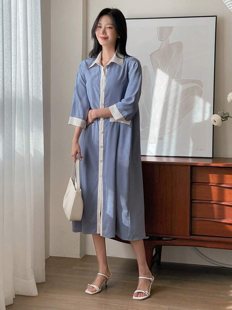Colorblock Splice Sense Of High Fashion Women Long Dress Sundress Shirt Dress