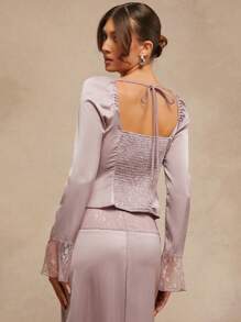 L'Amorae Women's Elegant Dusty Mauve Satin And Lace Long Sleeve Hollow Out Slim Fit Bustier Top,Autumn Night Out Corset Top With Front Buttons For Parties - Mauve Purple - View 5