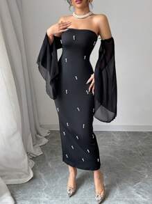 Rafferiza 女士优雅露肩仿珍珠串珠黑色性感紧身可爱派对舞会抹胸雪纺透明喇叭袖 2025 新款长裙 - 黑色 - 查看 8