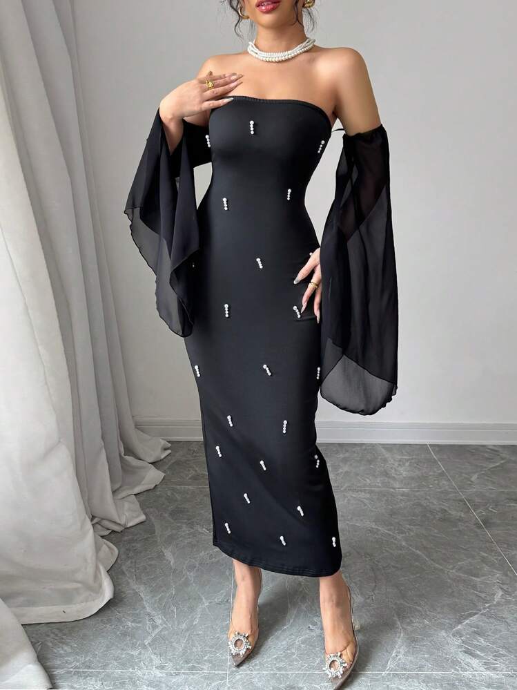 Rafferiza فستان أنثوي أنيق بياقة مكشوفة الكتفين، مطرز بخرز اللؤلؤ الاصطناعي ذو تصميم ضيق وجذاب، بأكمام بيل شفافة من الشيفون لحفلات الاستقبال 2025 جديد - الأسود - مشاهدة 8