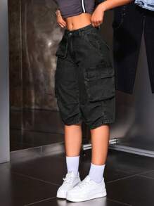 Quần short denim đơn giản có túi cài nút phía trước dành cho nữ, trang phục thường ngày - màu đen - Xem 4