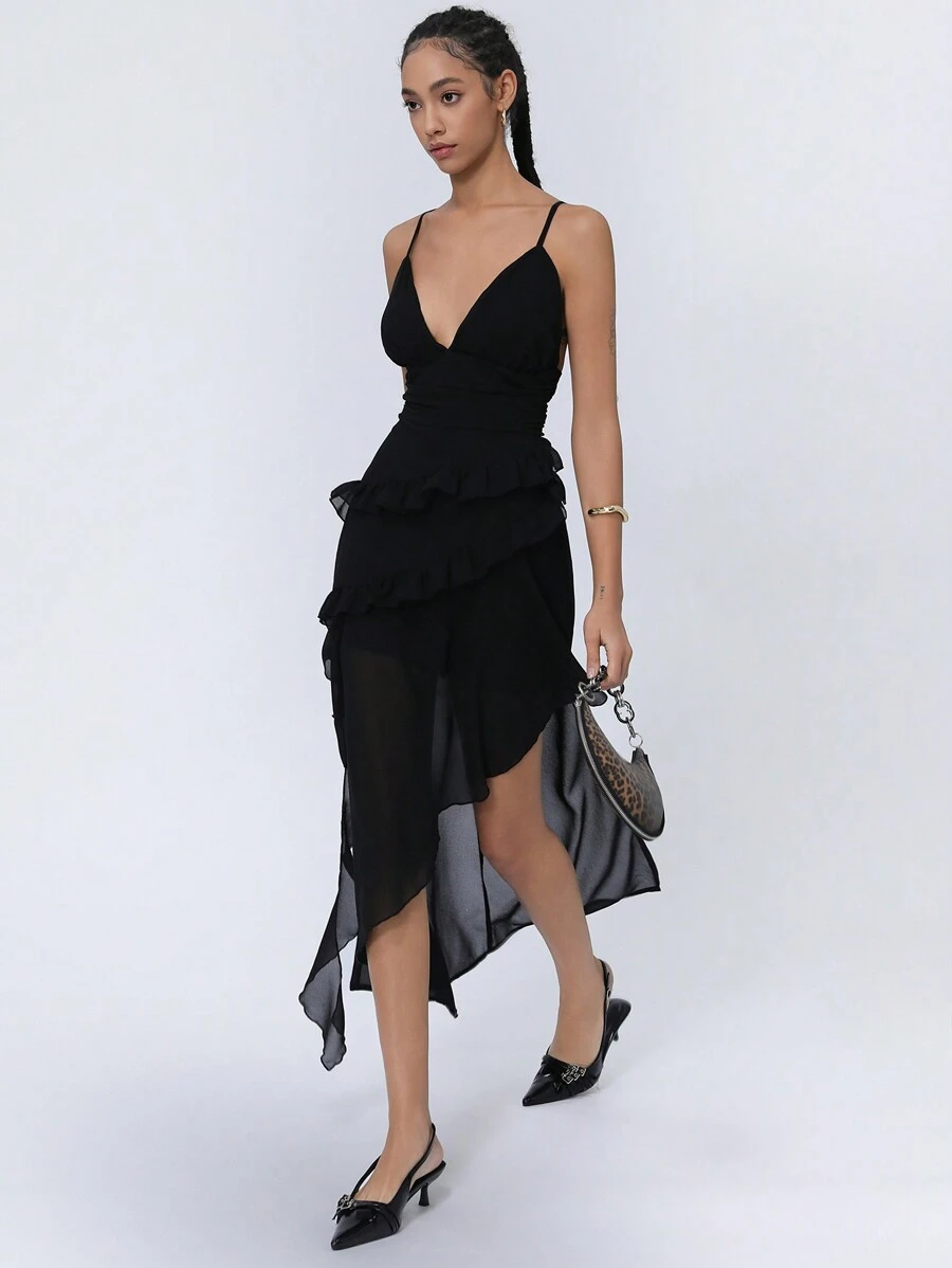 SHEIN Unity Elegant Chiffon Sexy Spaghetti Strap Multilayer Ruched Waist Asymmetric Hem Design Women Long Dress - Black - View 1