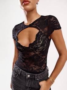 SHEIN BAE 女士时尚性感纯色蕾丝镂空紧身衣 - 黑色 - 查看 7