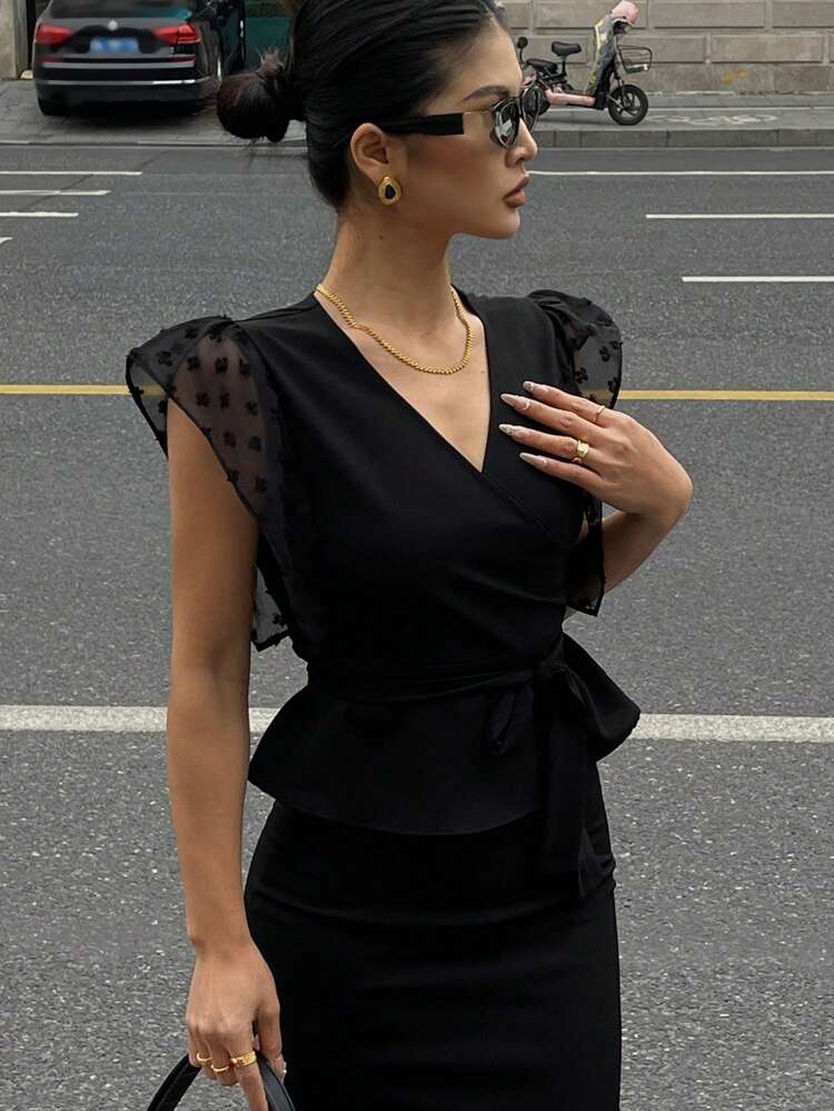 Sexy Sheer Mesh Patchwork Bowknot Allover Print V-Neck Short Sleeve Blouse, Business Casual For Women