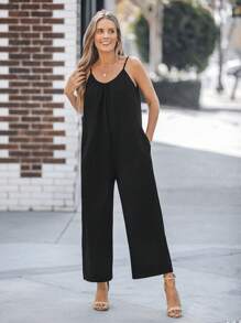 SHEIN LUNE Women's Black Rib Knit Front Pocket Casual Jumpsuit - Black - View 3