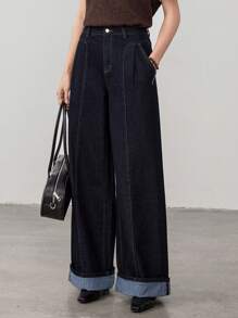 Dazy-Less Contrast Color Patchwork Wide Leg Jeans For Women Old Money Business Casual Woman - Black - View 6