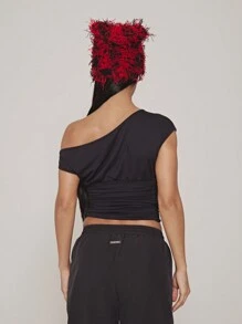 SUMWON WOMEN Off Shoulder Ruched Crop Top Asymmetrical Fitted Party Club Blouse Summer Festival Occasion Wear - Black - View 2