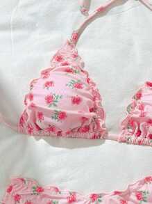 Swim Mod Springbreak Random Print Halter Ruffle Trim Bikini Top And Bottoms Women Summer Cute Beach Swimwear Set (With Hair Scrunchie) - Pink - View 3