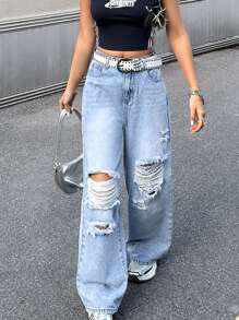 SHEIN Vintage Blue Denim Distressed Wide-Leg Jeans For Teen Girls,Kid Girls Spring And Summer Casual Vacation Country Boho Wear, Beach Outfits For Kid Girls,Western Street Wear For Teen Girl