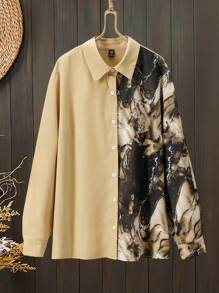 Lacomfia Plus Size Long Sleeve Patchwork Printed Arabian Style Shirt - Apricot - View 1