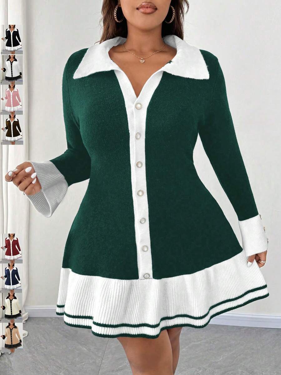 SHEIN Unity Vestido de suéter de punto con bloqueo de color y adorno de botones con volantes para mujer de talla grande, vestido recto elegante para otoño e invierno - Verde - Ver 1