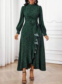 SHEIN Lady Vestido largo de mujer con estampado integral, cintura anudada y volantes en el bajo, elegante para usar en el Día de San Valentín, Año Nuevo, en el trabajo o en todas las estaciones - Verde - Ver 5