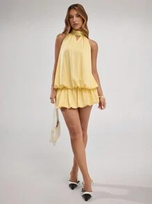 SHEIN BAE 女式春夏黄色纯色闺蜜派对/鸡尾酒会礼服/返校季/生日派对/俱乐部派对/缎面聚拢性感大露背气球花边裙裤式露背时尚迷你裙/黄色迷你裙/音乐会服装/度假服装女士，女士夏装，黄色连衣裙，春假服装