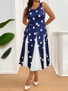 Celure Vestido casual de verano de fiesta con cuello redondo, sin mangas, de tallas grandes, con parches de lunares