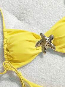 Swim Mod Women Solid Color Spaghetti Strap Triangle Bikini Set With Star Detail & Side Tie, Summer Swimwear For Casual & Holiday - Yellow - View 4