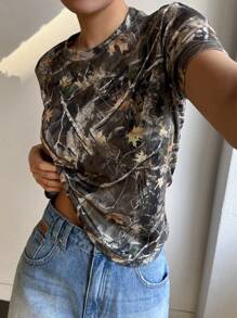 DAZY Women's Crew Neck Short Sleeve Printed Casual Blouse, Daily Wear