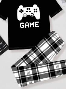 SHEIN Leap Crew Tween Boy Casual Minimalist Snug Fit Short Sleeve & Pants Loungewear Set, Suitable For Spring And Summer - Multicolor - View 4