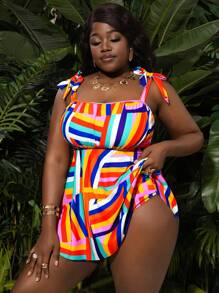 SHEIN Slayr CURVE Vibrant Colorblock Geometric Print Tie-Front Plus Size Women Swimdress For Summer Beach Vacation