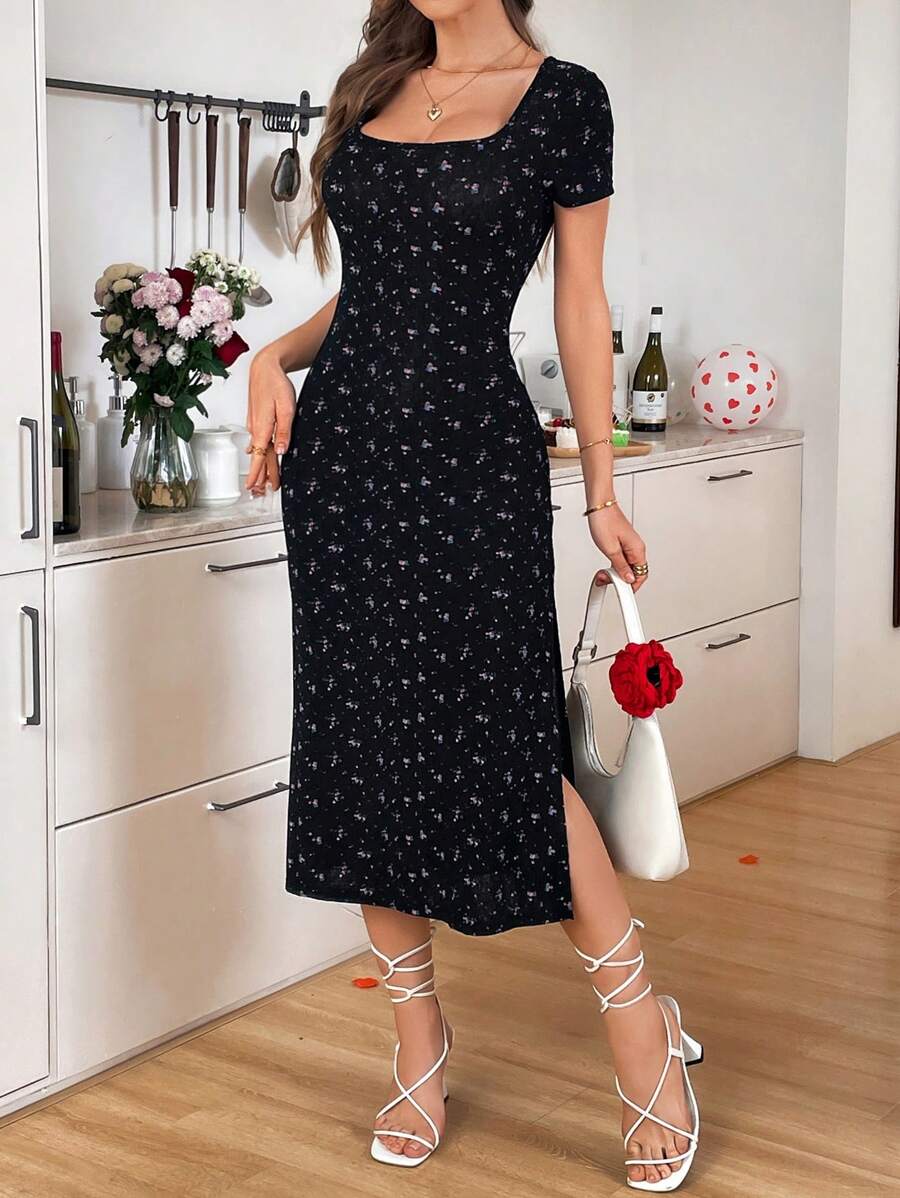 SHEIN LUNE Quadratischer Ausschnitt langärmliges lässiges, süßes und romantisches Blümchen Strickkleid, Schwarz - Schwarz - Übersicht 1