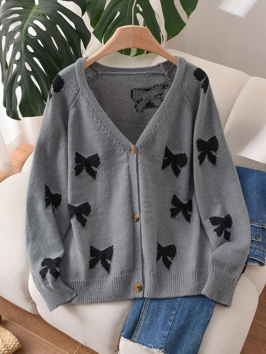 CosyJoli Plus Size Bow Detail Front Button Long Sleeve Casual Blouse - Grey - View 1