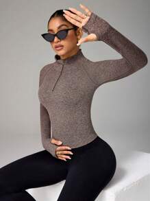 Easithlete 女士前拉链长袖修身休闲上衣，日常穿着 - 淺灰紫 - 查看 4