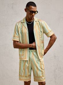 AKNOTIC Business Casual 2 peças/conjunto de camisa casual masculina solta com ombros caídos, adequada para uso diário no verão - Multicolorido - Ver 6