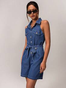 Forever 21 春季度假海滩休闲无袖领口系腰女式牛仔连体衣 - 中等水洗藍 - 查看 6