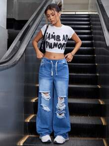 SHEIN 适合少女的时尚破洞阔腿休闲直筒牛仔裤，百搭 - 深色水洗藍 - 查看 6