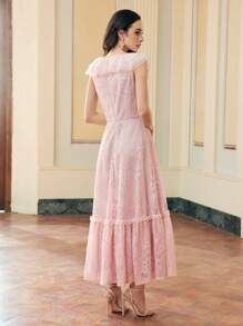 ZEYLAH WOMEN'S Ruffle Trim Lace Tiered Maxi Dress For Valentine's Day,SPRING/SUMMER