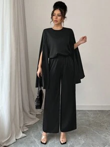 SHEIN Unity 2 件套女士优雅圆领开衩袖衬衫和基本款，秋冬 - 黑色 - 查看 5