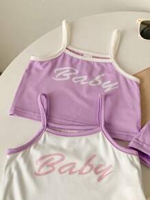 4 件套女婴幼儿 0-3 岁休闲百搭双色撞色白紫色针织吊带背心和短裤套装 - 紫色 - 查看 6