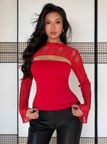 Gloray Women Crew Neck Solid Color Knit Tight Fit Lace Trim Mock Neck Flared Sleeves Blouse Fall Cloth For Women - Red - View 3