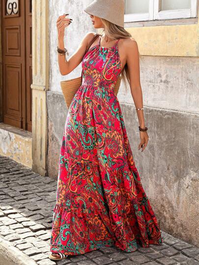 Brillora Vestido largo casual de mujer con estampado all-over y tirantes finos