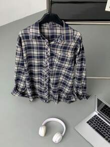 DAZY 女士翻领格子宽松长袖衬衫，藏青色，春夏秋季，法兰绒女装