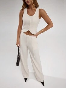 SHEIN BAE 女士纯色无袖无纽扣简约夹克，休闲日常穿着 - 杏色 - 查看 6