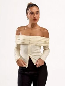SHEIN BAE Women Off Shoulder Front Button Long Sleeve Minimalist Top - Apricot - View 4