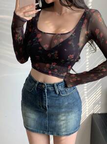 DAZY 情人节玫瑰与花卉印花透明网眼粉色短款方领长袖 T 恤女士节日、秋季服装