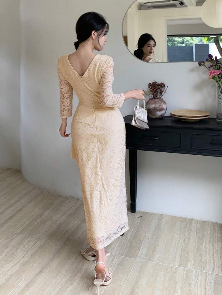 Spring V-Neck Puff Sleeve Lace Split Ruffle Hem Mid-Length Dress For Women,Dress For Wedding