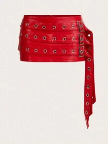 SHEIN ICON 修身 PU 吊饰超低腰迷你裙 - 紅色 - 查看 1