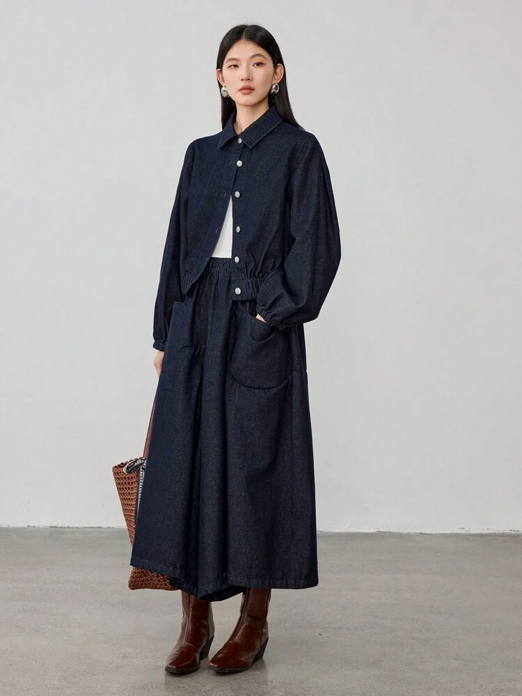 Women's Casual Simple Jacket And Denim Skirt Set Old Money Style,Fall Clothes Business Casual Woman