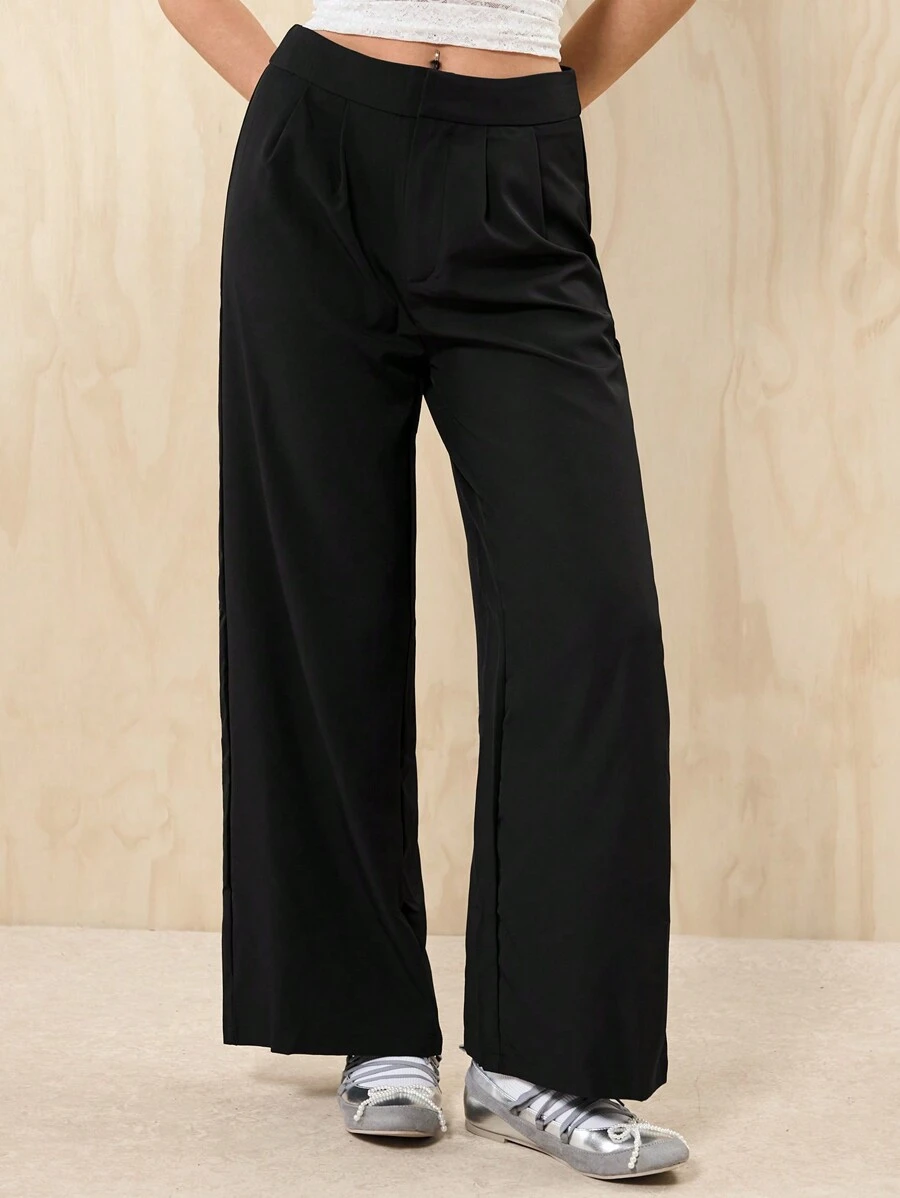SHEIN EZwear Zipper Fly Fold Pleated Palazzo Pants - Black - View 1