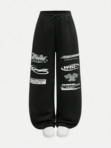 SHEIN Tween Girls' Loose Casual Letter Print Wide-Leg Pants - Black - View 1