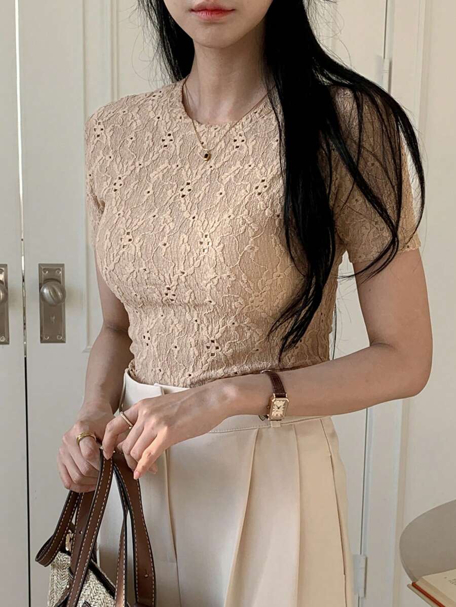 DAZY Women's Plain Short Sleeve T-Shirt, Simple Fashion Casual Everyday Wear Summer - Khaki - View 1