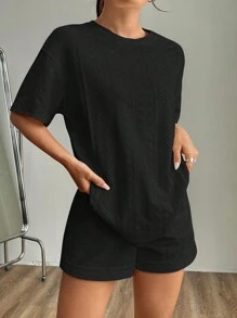 SHEIN EZwear 女士纯色短袖上衣和短裤休闲宽松套装 - 黑色 - 查看 4