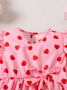 SHEIN Vestido midi con estampado de corazones en rojo y rosa lindo, con mangas con volantes y decoración de lazo grande para niñas, ideal para el Día de San Valentín