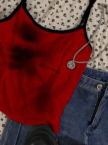 SHEIN Women Casual Portrait Print Sexy Red Camisole Tight Sleeveless Top, Suitable For Summer