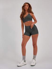 Musera Sport Cross Front Waistband Seamless Gym Shorts Only, Padel, Tennis, Pickleball Gym Fitness Pilates Daily Casual - Dark Grey - View 4