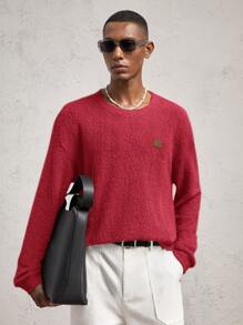 AKNOTIC Business Casual Men's Relaxed Fit Crewneck Drop Shoulder Long Sleeve Casual T-Shirt, Suitable For Autumn/Winter, Everyday Wear, Letter Graphic With Flocking, Green Contrast - Red - View 8