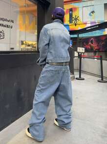 Manfinity EMRG Men's Front Button Long Sleeve Simple Top And Denim Pants 2 Pieces Suit Set - Blue - View 2